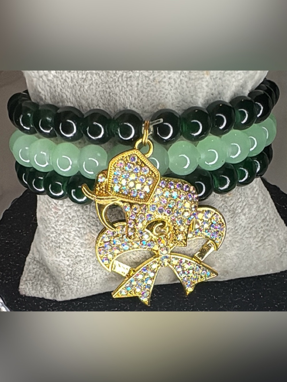 Gold Elephant Charm Bracelet Stack with Dark and Light Green Beads
